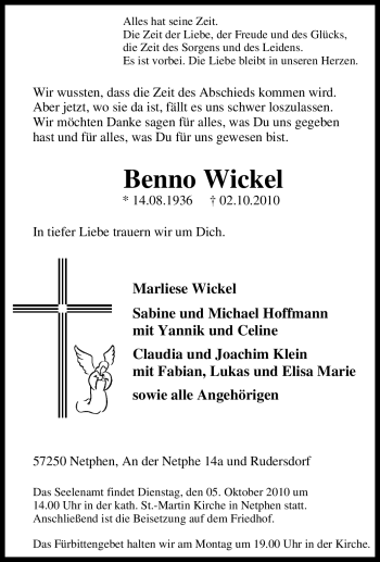 Traueranzeige von Benno Wickel von Tageszeitung
