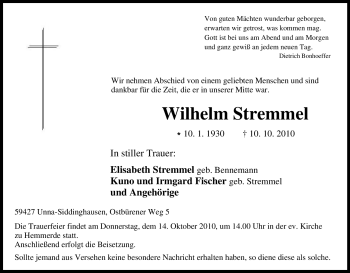 Traueranzeige von Wilhelm Stremmel von Tageszeitung