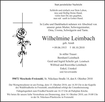 Traueranzeige von Wilhelmine Leimbach von Tageszeitung