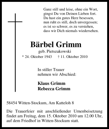 Traueranzeige von Bärbel Grimm von Tageszeitung