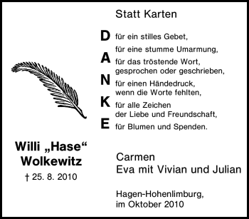 Traueranzeige von Willi Wolkewitz von Tageszeitung