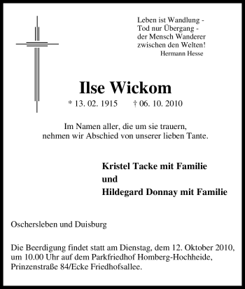Traueranzeige von Ilse Wickom von Tageszeitung