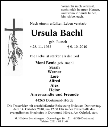 Traueranzeige von Ursula Bachl von Tageszeitung