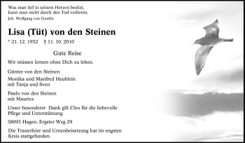 Traueranzeige von Lisa von den Steinen von Tageszeitung