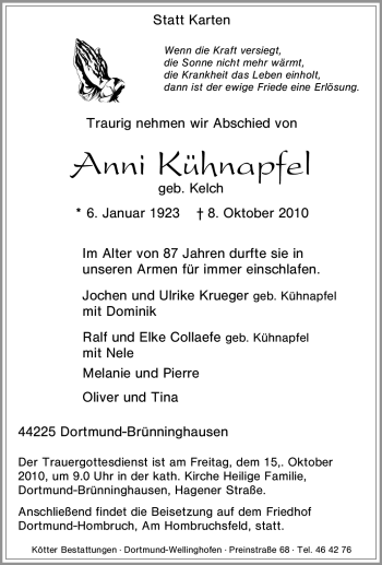 Traueranzeige von Anni Kühnapfel von Tageszeitung
