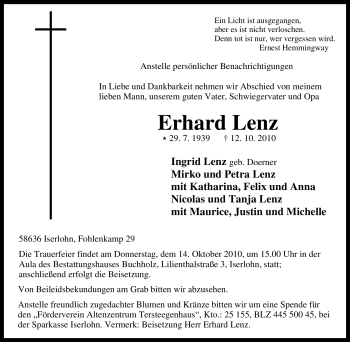 Traueranzeige von Erhard Lenz von Tageszeitung