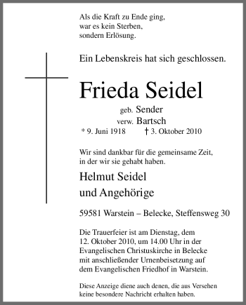 Traueranzeige von Frieda Seidel von Tageszeitung