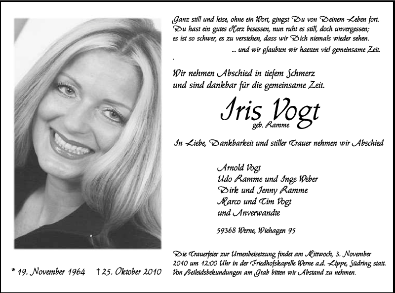  Traueranzeige für Iris Vogt vom 29.10.2010 aus Tageszeitung