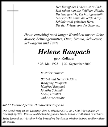Traueranzeige von Helene Raupach von Tageszeitung