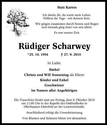 Traueranzeige von Rüdiger Scharwey von Tageszeitung