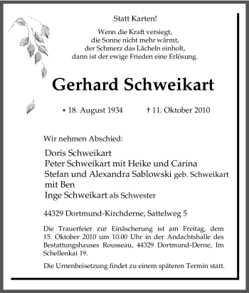 Traueranzeige von Gerhard Schweikart von Tageszeitung