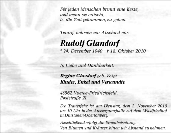 Traueranzeige von Rudolf Glandorf von Tageszeitung