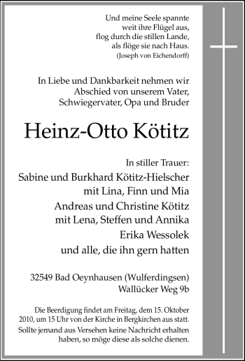 Traueranzeige von Heinz-Otto Kötitz von Tageszeitung