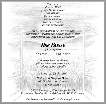 Traueranzeige von Ilse Busse von Tageszeitung