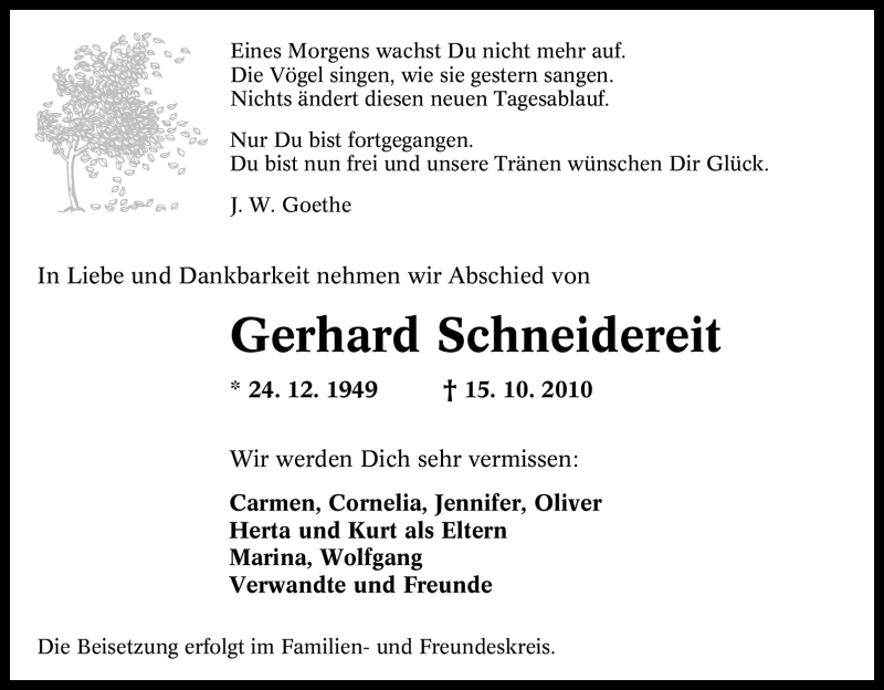  Traueranzeige für Gerhard Schneidereit vom 23.10.2010 aus Tageszeitung