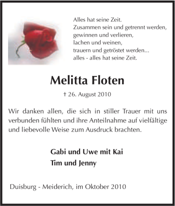 Traueranzeige von Melitta Floten von Tageszeitung