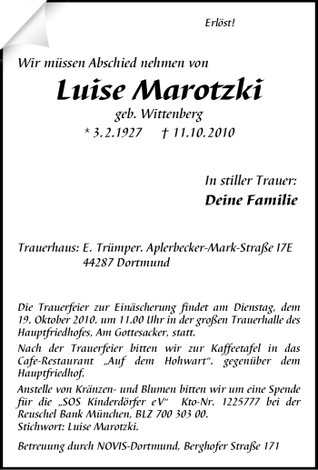 Traueranzeige von Luise Marotzki von Tageszeitung