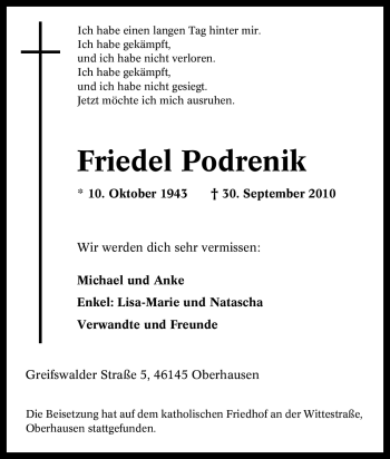 Traueranzeige von Friedel Podrenik von Tageszeitung