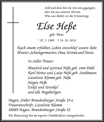 Traueranzeige von Else Heße von Tageszeitung