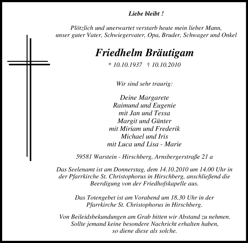  Traueranzeige für Friedhelm Bräutigam vom 12.10.2010 aus Tageszeitung