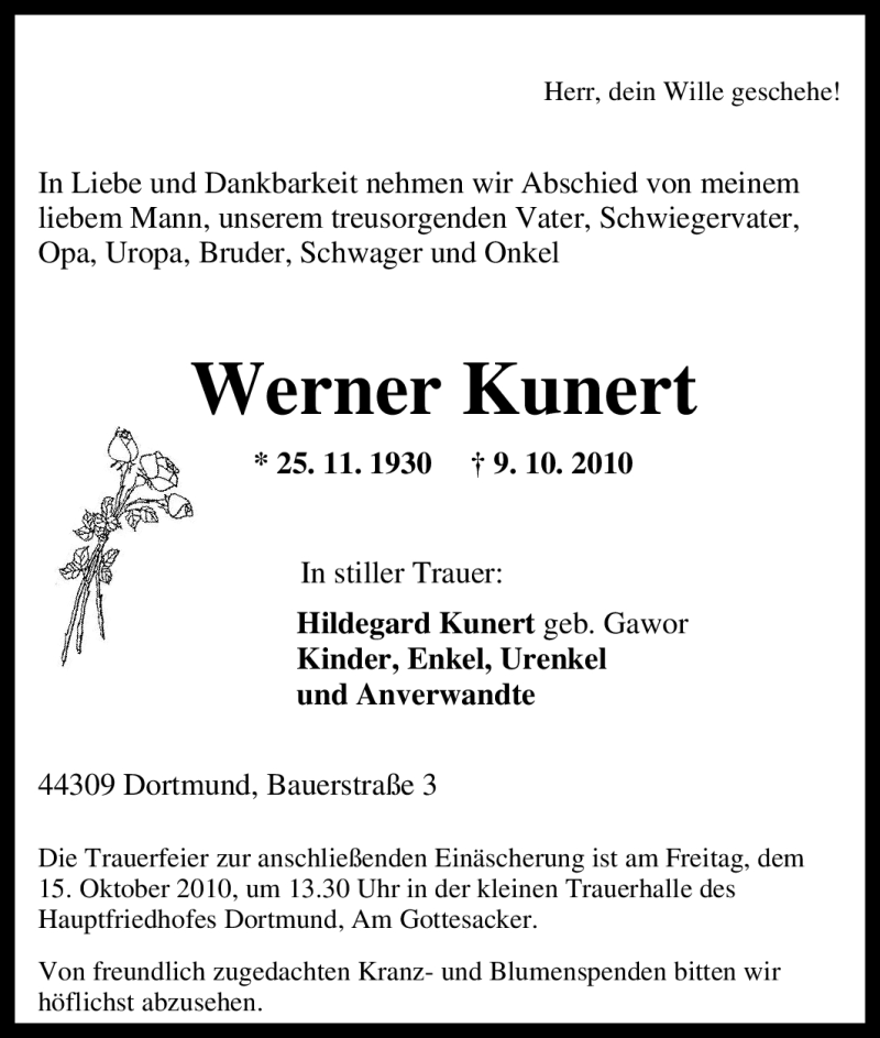  Traueranzeige für Werner Kunert vom 12.10.2010 aus Tageszeitung