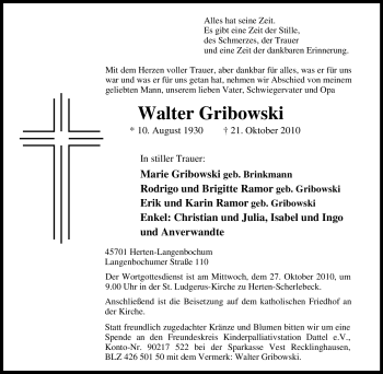Traueranzeige von Walter Gribowski von Tageszeitung