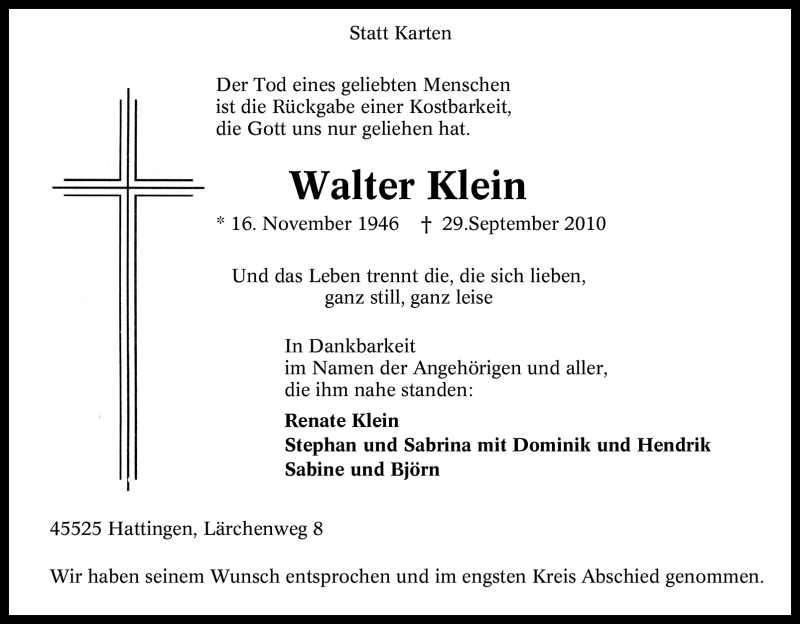 Traueranzeige für Walter Klein vom 16.10.2010 aus Tageszeitung