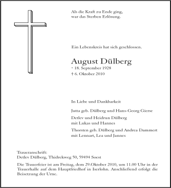 Traueranzeige von August Dülberg von Tageszeitung