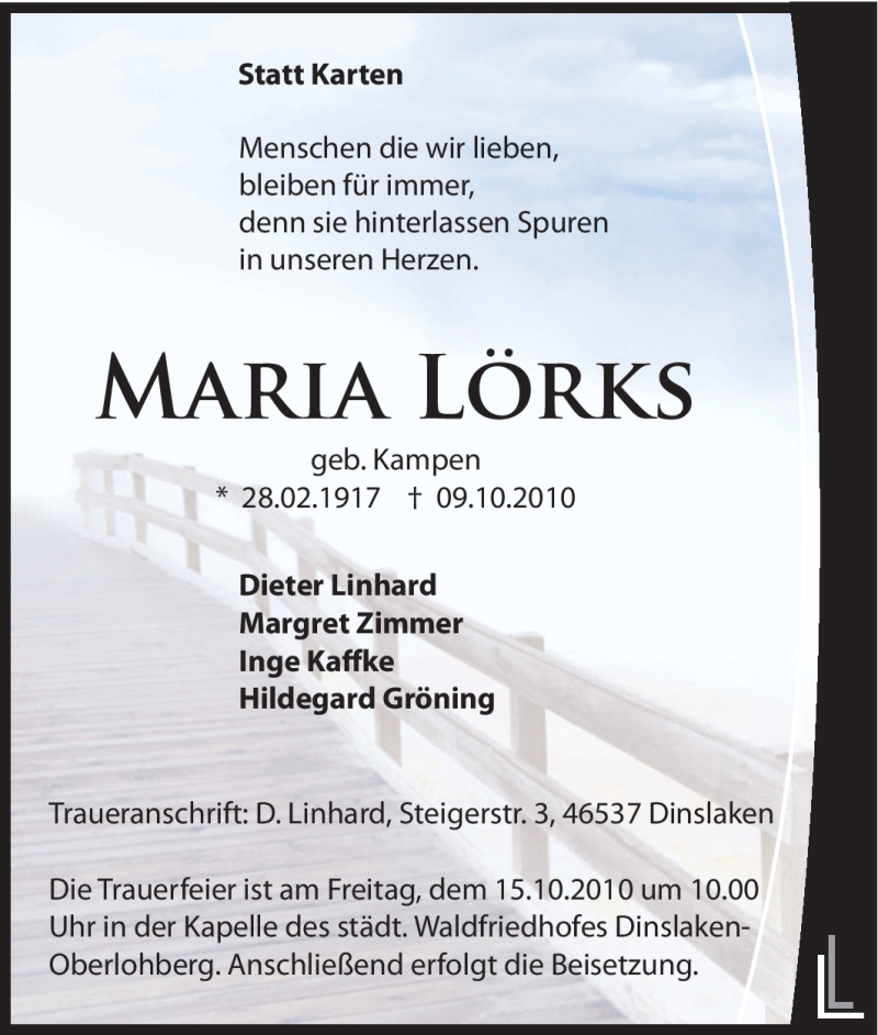  Traueranzeige für Maria Lörks vom 13.10.2010 aus Tageszeitung
