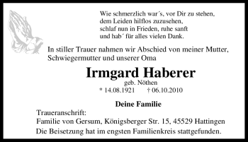 Traueranzeige von Irmgard Haberer von Tageszeitung