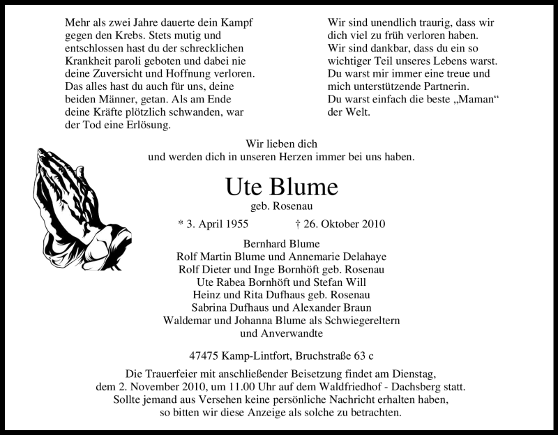  Traueranzeige für Ute Blume vom 28.10.2010 aus Tageszeitung