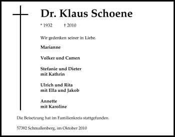 Traueranzeige von Klaus Schoene von Tageszeitung
