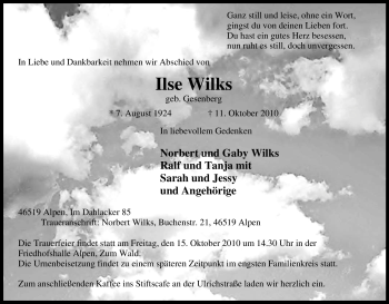 Traueranzeige von Ilse Wilks von Tageszeitung
