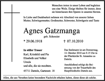 Traueranzeige von Agnes Gatzmanga von Tageszeitung