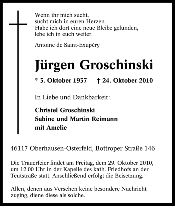Traueranzeige von Jürgen Groschinski von Tageszeitung