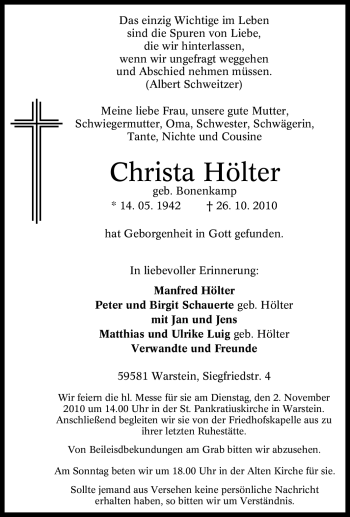 Traueranzeige von Christa Hölter von Tageszeitung