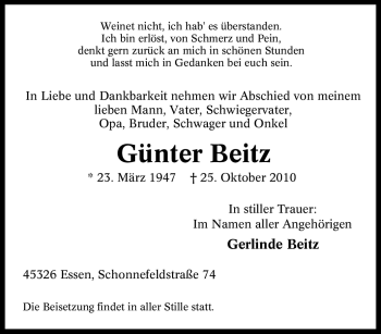 Traueranzeige von Günter Beitz von Tageszeitung
