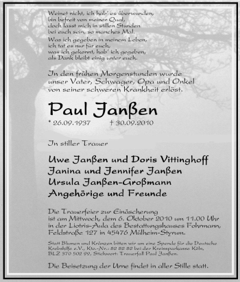 Traueranzeige von Paul Janßen von Tageszeitung