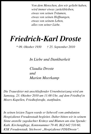 Traueranzeige von Friedrich-Karl Droste von Tageszeitung