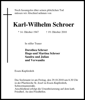 Traueranzeige von Karl-Wilhelm Schroer von Tageszeitung