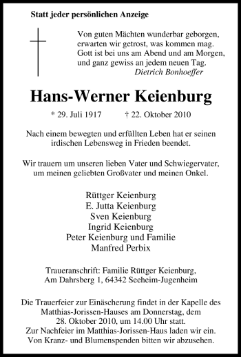 Traueranzeige von Hans-Werner Keienburg von Tageszeitung