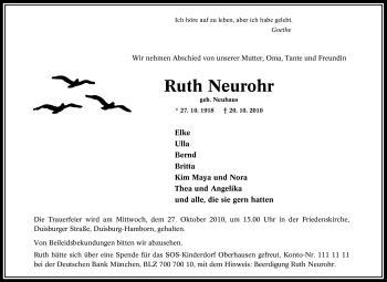 Traueranzeige von Ruth Neurohr von Tageszeitung
