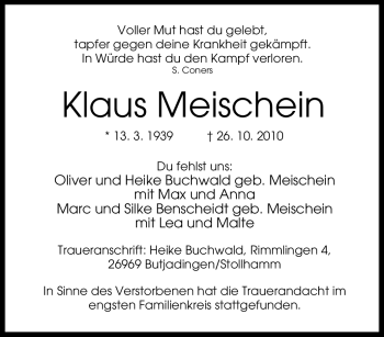Traueranzeige von Klaus Meischein von Tageszeitung