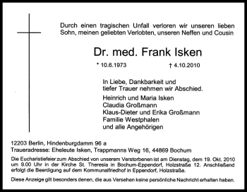 Traueranzeige von Frank Isken von Tageszeitung