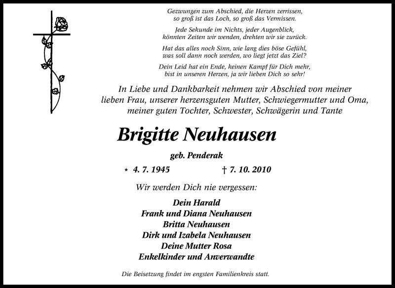  Traueranzeige für Brigitte Neuhausen vom 13.10.2010 aus Tageszeitung