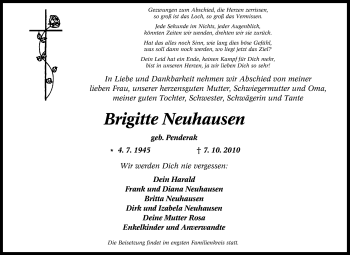 Traueranzeige von Brigitte Neuhausen von Tageszeitung