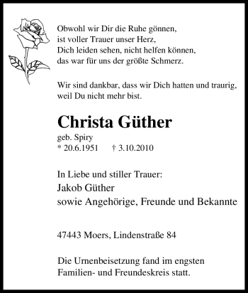 Traueranzeige von Christa Güther von Tageszeitung