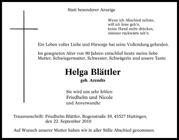 Traueranzeige von Helga Blättler von Tageszeitung