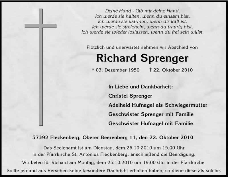  Traueranzeige für Richard Sprenger vom 23.10.2010 aus Tageszeitung