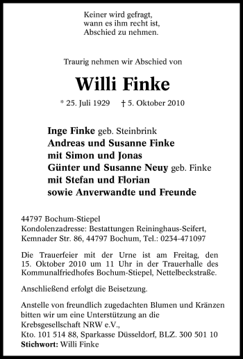 Traueranzeige von Willi Finke von Tageszeitung